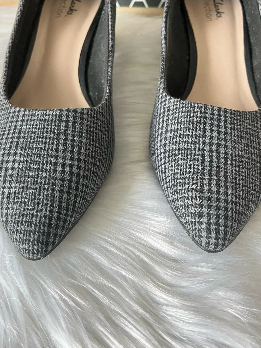 Clarks Collection Block Heel Pumps-Teresa Step-Black Plaid Size 8 W